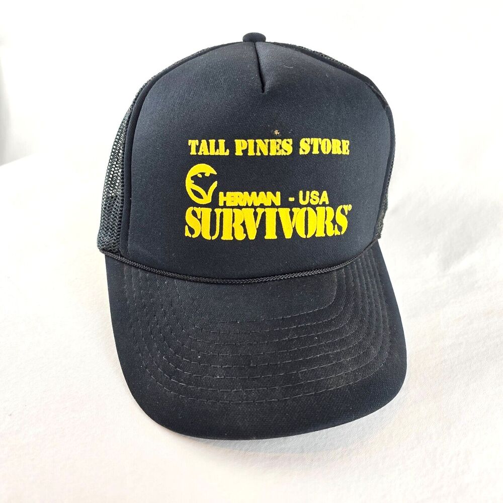 Vintage Foam Trucker Hat Mens Snapback Black Herman-USA Survivors Tall Pines